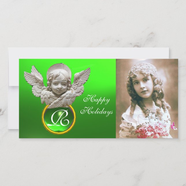 FLORENTINE RENAISSANCE ANGEL Green Gem Monogram Holiday Card (Front)