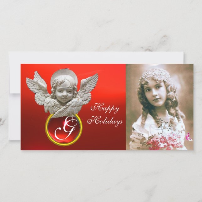 FLORENTINE RENAISSANCE ANGEL Red Ruby Gem Monogram Holiday Card (Front)