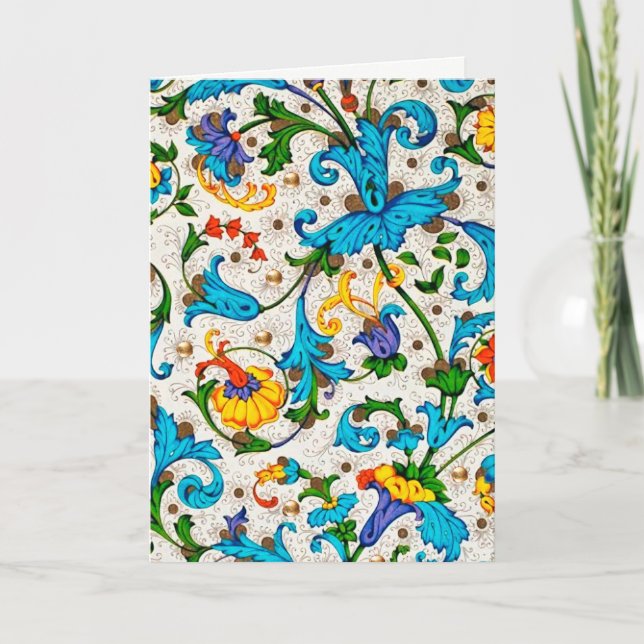 FLORENTINE RENAISSANCE BLUE FLORAL SWIRLS,FLOWERS HOLIDAY CARD (Front)