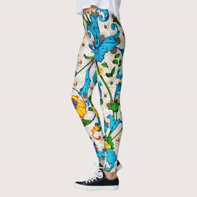 FLORENTINE RENAISSANCE BLUE FLORAL SWIRLS,FLOWERS LEGGINGS (Left)