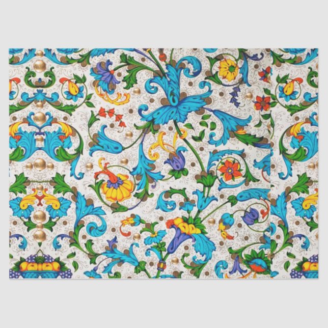 FLORENTINE RENAISSANCE BLUE FLORAL SWIRLS,FLOWERS TISSUE PAPER (Front)