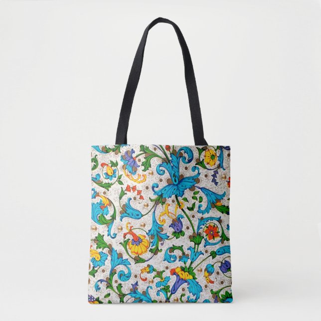 FLORENTINE RENAISSANCE BLUE FLORAL SWIRLS,FLOWERS TOTE BAG (Front)