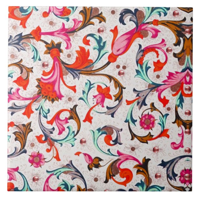 FLORENTINE RENAISSANCE RED FLORAL SWIRLS,FLOWERS  TILE (Front)