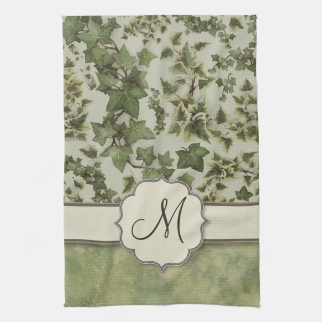 Florentine Watercolor Ivy with Monogram Tea Towel (Vertical)