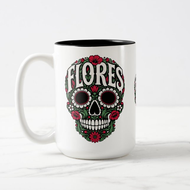 flores apellido sugar skull Two-Tone coffee mug (Left)