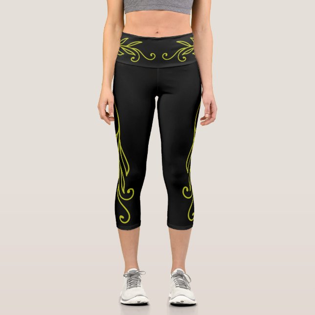 Florescent Green Leaf Curls  Capri Leggings (Front)