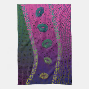 Florescent Pink Turquoise Lips Stars Tea Towel