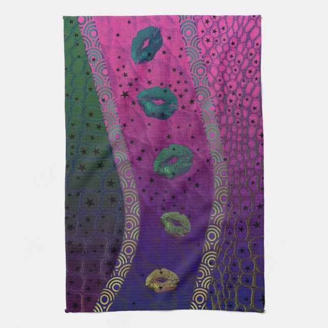 Florescent Pink Turquoise Lips Stars Tea Towel (Vertical)