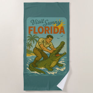 Florida Alligator Wrestling   Funny Retro Beach Beach Towel