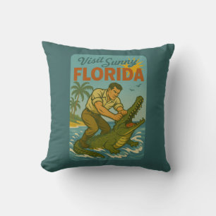 Florida Alligator Wrestling   Funny Retro Coastal Cushion