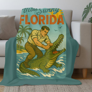 Florida Alligator Wrestling   Funny Retro Coastal Fleece Blanket