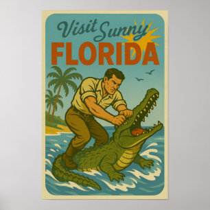 Florida Alligator Wrestling   Funny Retro Coastal Poster