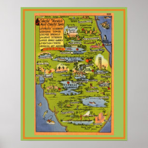 Florida Attractions Colourful Map Poster