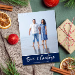 Florida Beach Blue Stripe Family Photo Christmas Holiday Card<br><div class="desc">Christmas holiday cards in a navy beach nautical "Seas and greetings" design. Customise with your photo and names.  This beach Christmas holiday card reverses to a navy blue and white nautical stripe design on the back.</div>