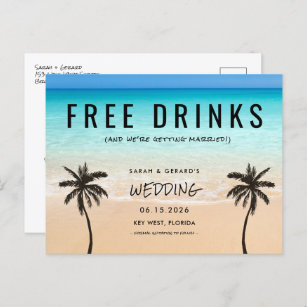 Florida Beach Free Drinks Funny Wedding Announcement Postcard