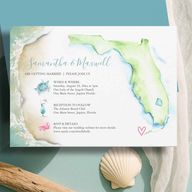 Florida Beach Personalised Wedding Invite (Florida invitations for Weddings on the beach designed with a watercolor map and shoreline)