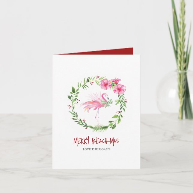 Florida Beach Tropical Flamingo Christmas Holiday Card (Front)