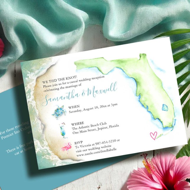Florida Beach Wedding Reception Illustrated Invitation (Destination wedding reception invitation watercolor Florida map, sea turtle.. Victoria Grigaliunas)