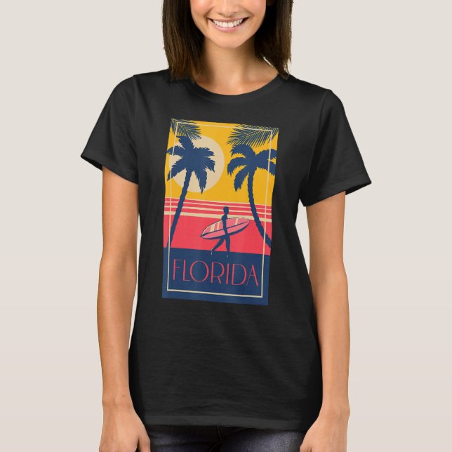 Florida Beach with Palm Trees and Surfer Retro Sun T-Shirt (Front)