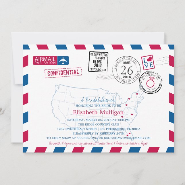 Florida Bridal Shower | USA Map Airmail Invitation (Front)