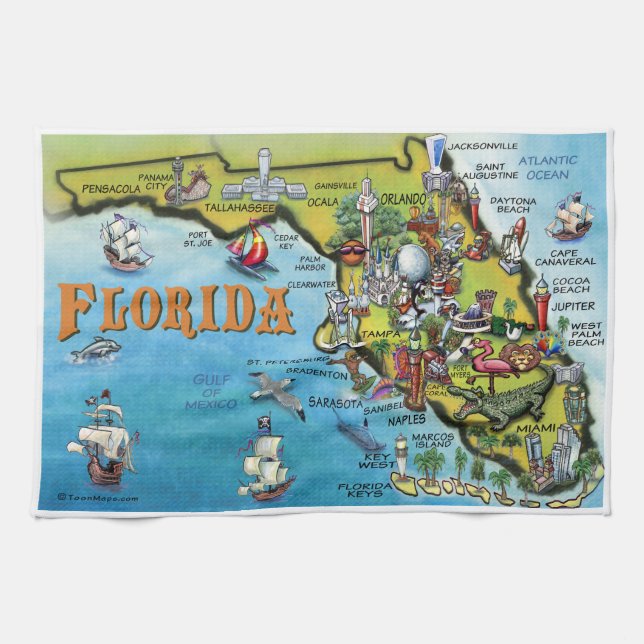 Florida Cartoon Map Tea Towel (Horizontal)