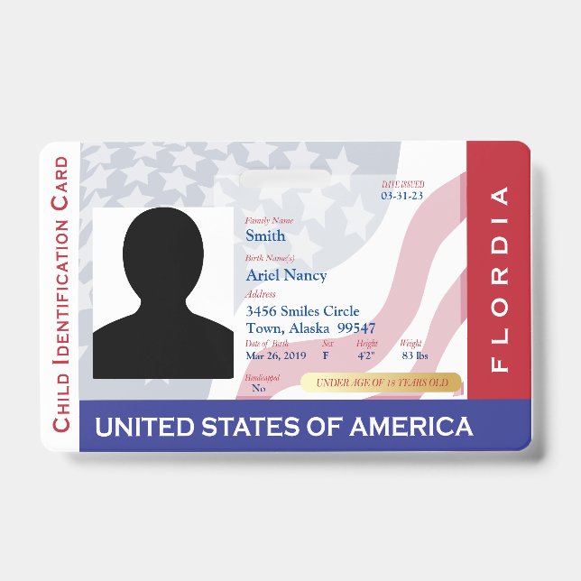 FLORIDA -  Child ID Card - USA Flag Background Badge (Front)