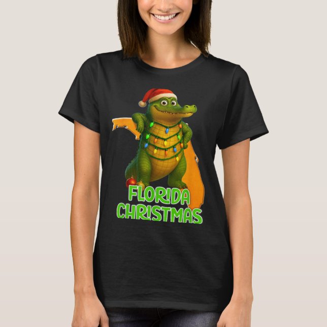 Florida Christmas Alligator Wearing Santa Hat Vaca T-Shirt (Front)