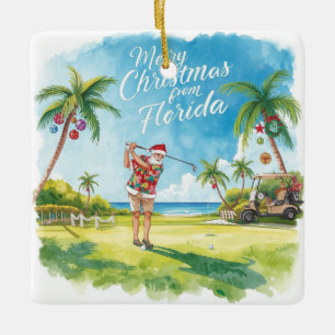 Florida Christmas Santa golfing Ceramic Ornament