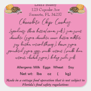 FLORIDA Cottage Food Law Sticker/Label Home baker Square Sticker
