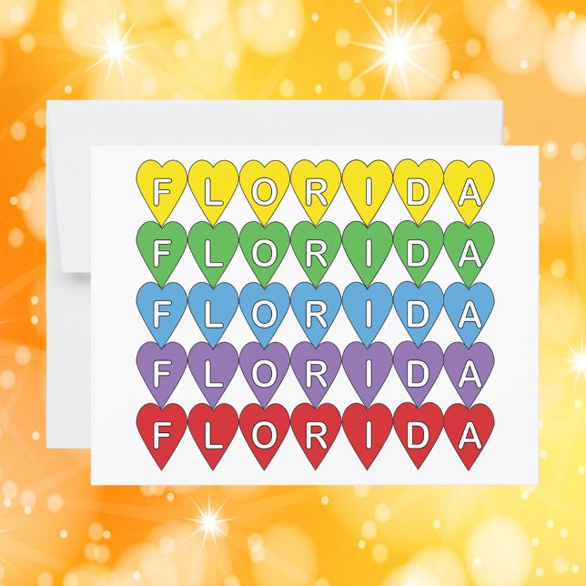 Florida Heart Colourful Postcard (A postcard with the word Florida in yellow, green, blue, purple & red hearts)