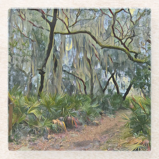 Florida Lace Spanish Moss Impressionist Art Glass Coaster (Front)