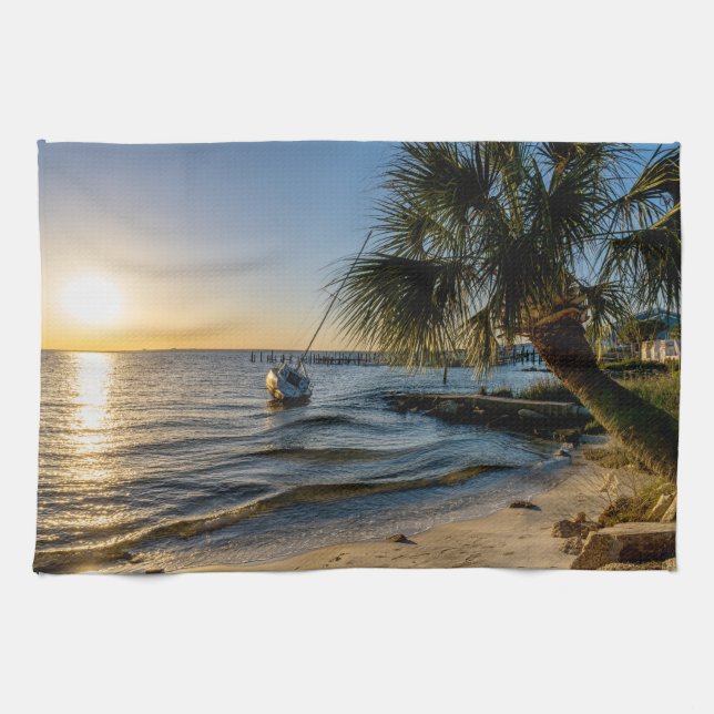 Florida Leaning Palm Tree Sunset Kitchen Towel (Horizontal)