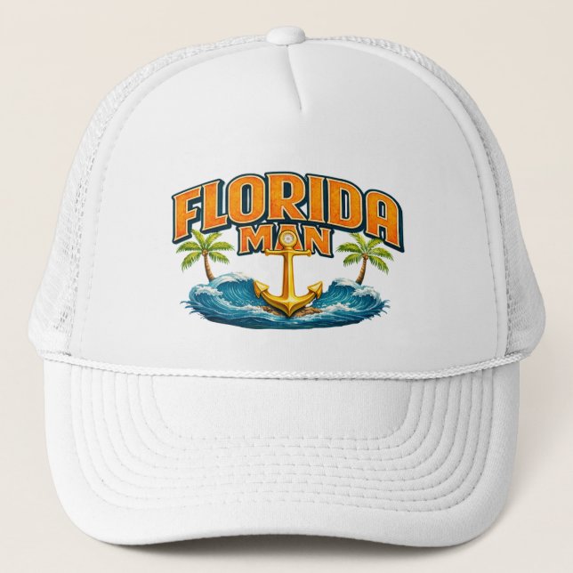 Florida Man | Graphic Print Nautical Anchor Beach Trucker Hat (Front)