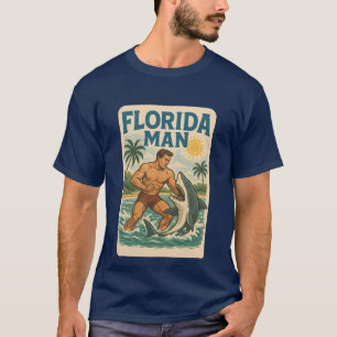 Florida Man Shark Wrestling   Retro Graphic Beach T-Shirt