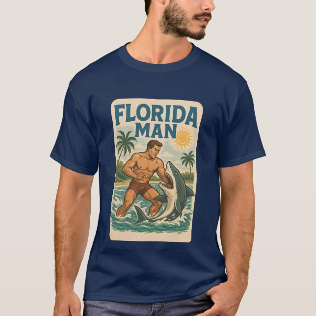 Florida Man Shark Wrestling | Retro Graphic Beach T-Shirt (Front)
