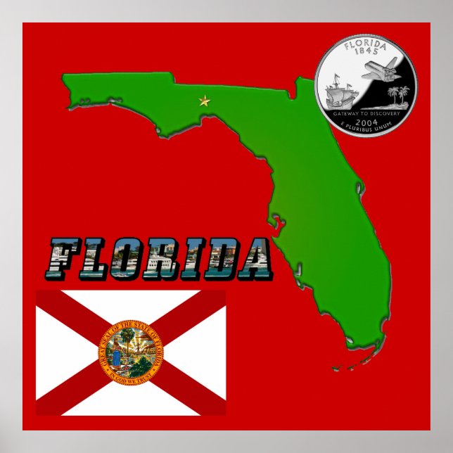Florida Map, Picture Text and State Quarter Poster (Front)