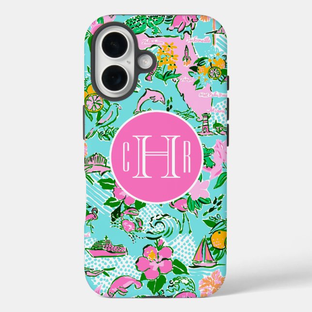 Florida Map Preppy Palm Beach Pattern Monogrammed Case-Mate iPhone Case (Back)