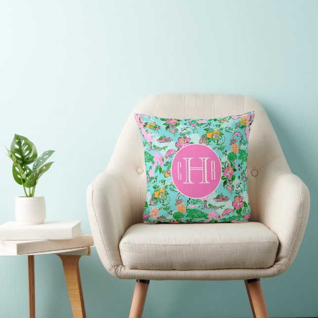 Florida Map Preppy Palm Beach Pattern Monogrammed Cushion (Chair)