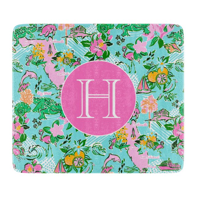 Florida Map Preppy Palm Beach Pattern Monogrammed Cutting Board (Front)