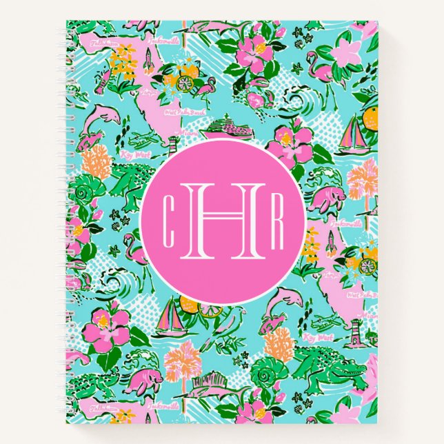 Florida Map Preppy Palm Beach Pattern Monogrammed Notebook (Front)