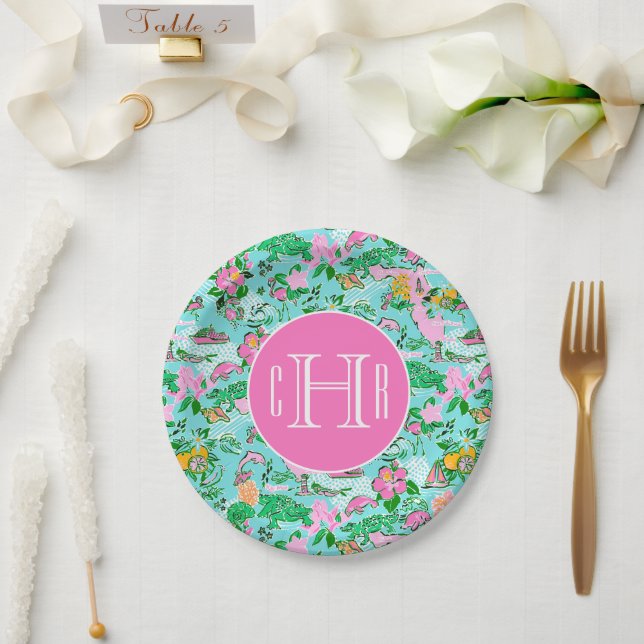 Florida Map Preppy Palm Beach Pattern Monogrammed Paper Plate (Wedding)