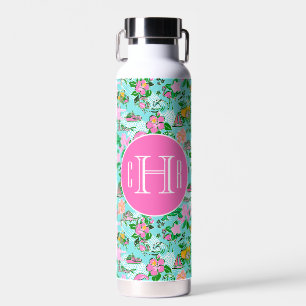 Florida Map Preppy Palm Beach Pattern Monogrammed Water Bottle