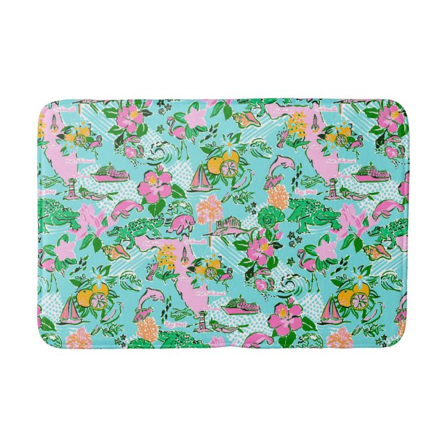 Florida Map Preppy Palm Beach Pattern Print Bath Mat (Front)