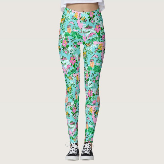 Florida Map Preppy Palm Beach Pattern Print Leggings (Front)