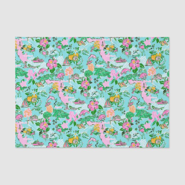 Florida Map Preppy Palm Beach Pattern Print Tissue Paper (Front)