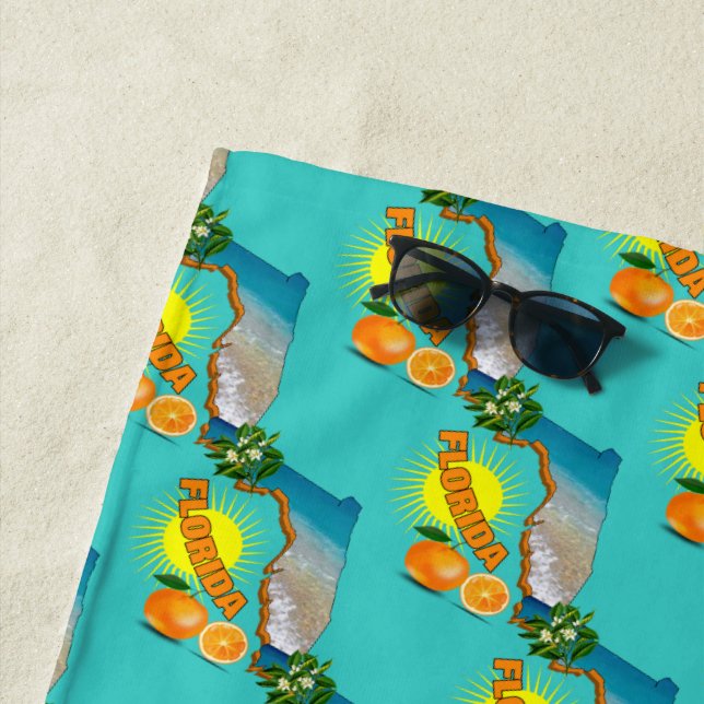 Florida Map Sunny Oranges Summer Beach Towel (In Situ)