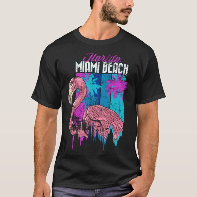 Florida Miami Beach Retro Flamingo Palm Trees Vapo T-Shirt (Front)
