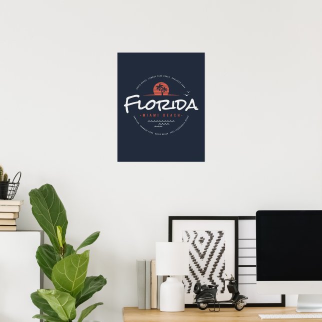 Florida Miami Beach Retro Sunset Palm Tropical  Poster (Home Office)