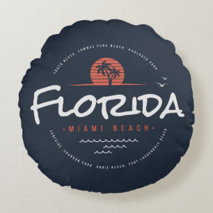 Florida Miami Beach Retro Sunset Palm Tropical Round Cushion