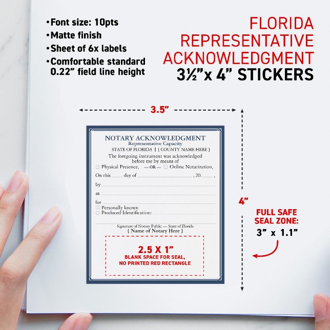 FLORIDA Notary Acknowledgement Certificate Rep Wine Label (Notary Representative Capacity Acknowledgment Certificate Document Correction matte stickers)